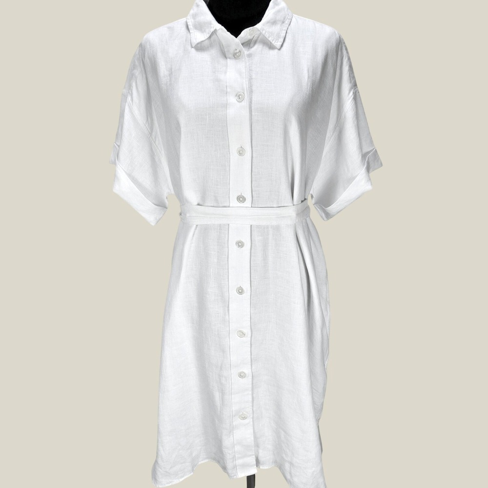 Women's NWT J.Crew Large White Capitaine 100% Linen 2024 Button Tie Shirt Dress